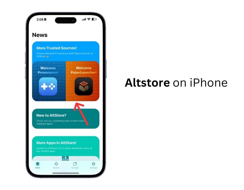 AltStore открытое на iPhone — главный экран приложения