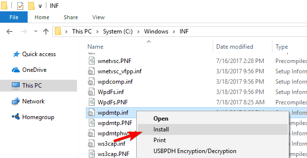 Установка wpdmtp.inf