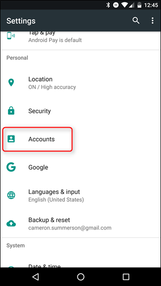 Список разделов настроек: Аккаунты и синхронизация