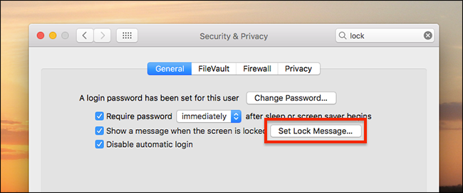 Параметры защиты и конфиденциальности в macOS для установки сообщения на экран блокировки