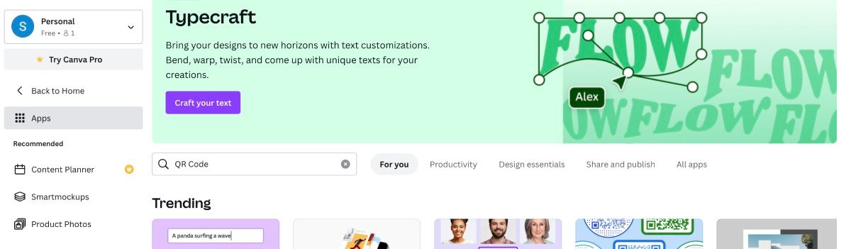 Поиск QR в разделе Приложения Canva