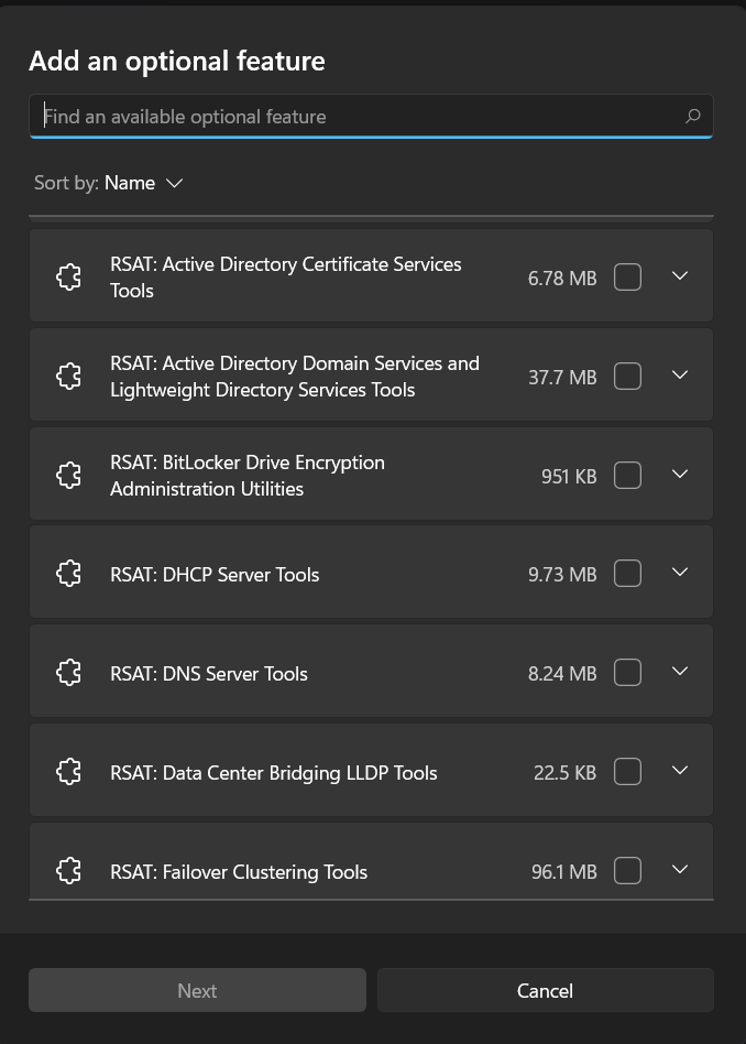 Windows 11에서 RSAT 도구 선택 화면