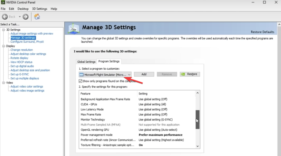 Сценарий настроек NVIDIA Control Panel с выбором программы Microsoft Flight Simulator