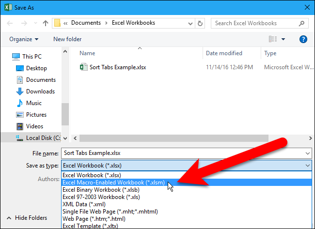 Выбор формата Excel с поддержкой макросов