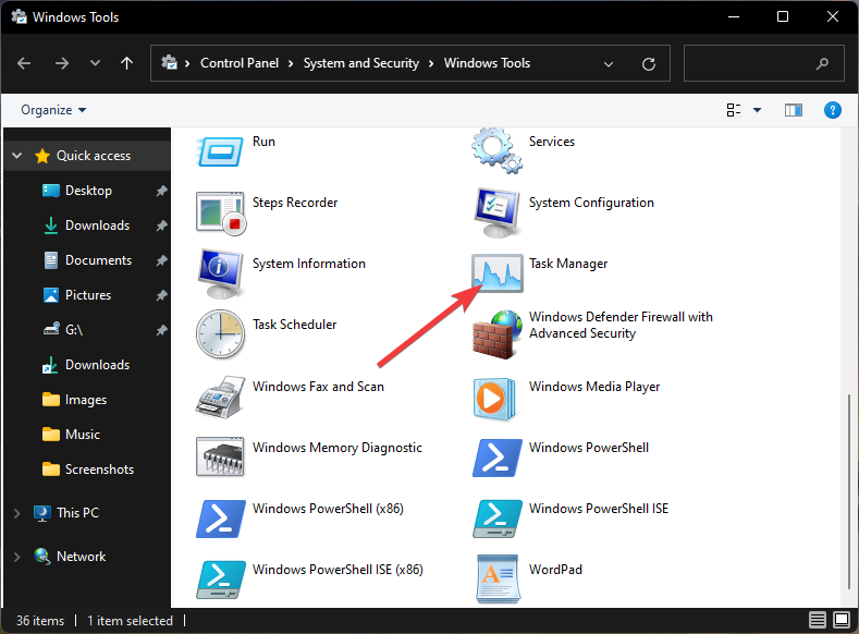 Выбор Диспетчера задач в списке Windows Tools