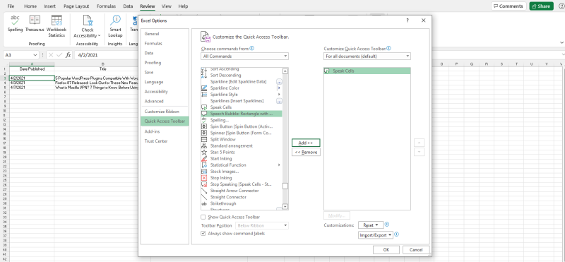 Добавление команды 'Говорить ячейки' в Панель быстрого доступа