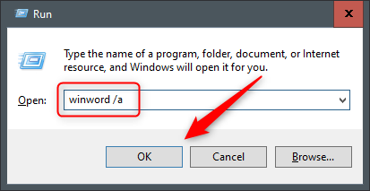 Окно Выполнить с командой winword /a