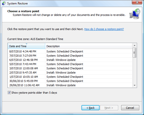 Выбор точки восстановления в Vista