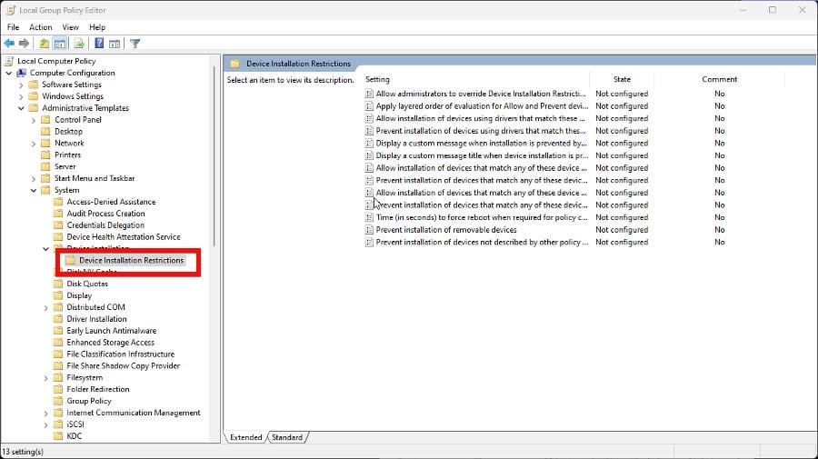 Путь к настройкам установки устройств в gpedit