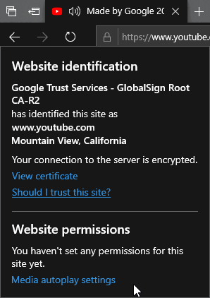 Скриншот меню безопасности сайта с настройкой автозапуска медиа