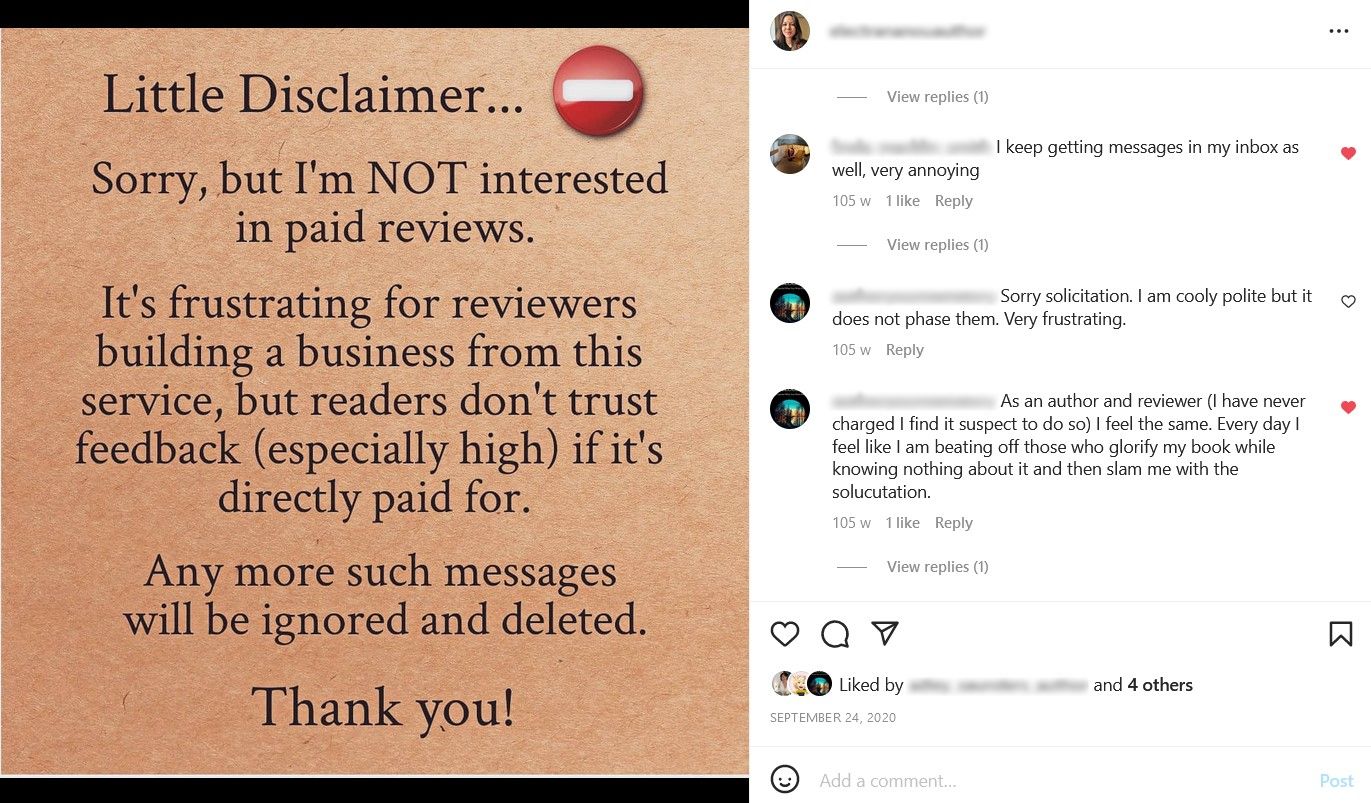 Пост в Instagram с предупреждением о платных обзорах