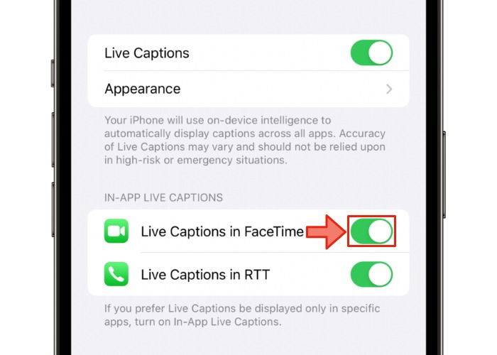 Опция Live Captions для FaceTime