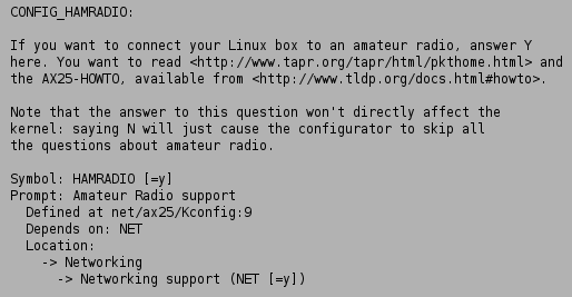Скриншот справки по опции Amateur Radio Support в меню конфигурации ядра