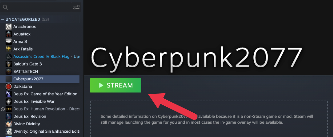 Кнопка «Транслировать» в клиенте Steam на Mac, готовая к удалённой игре.