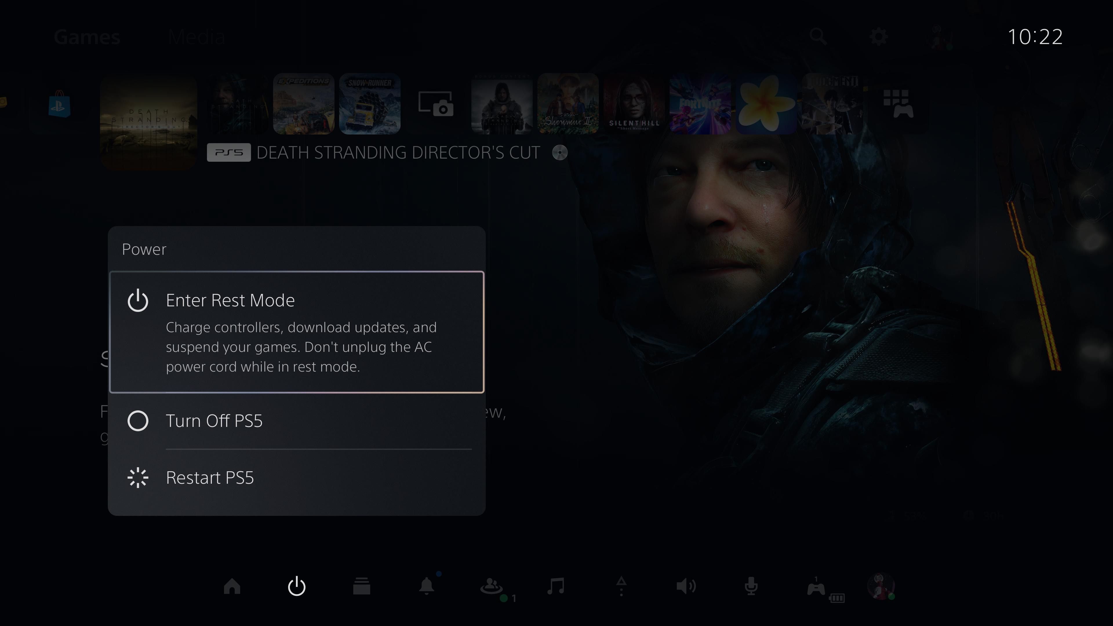 Putting a PS5 into rest mode using the Power options menu.