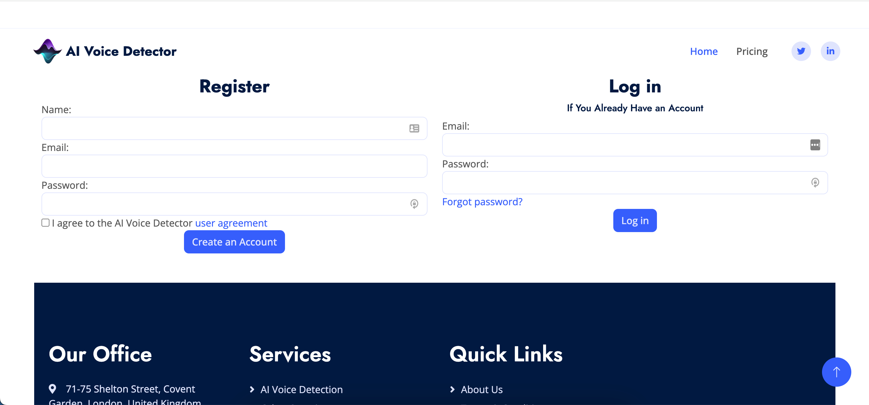 Интерфейс детекции голоса в AI Voice Detector