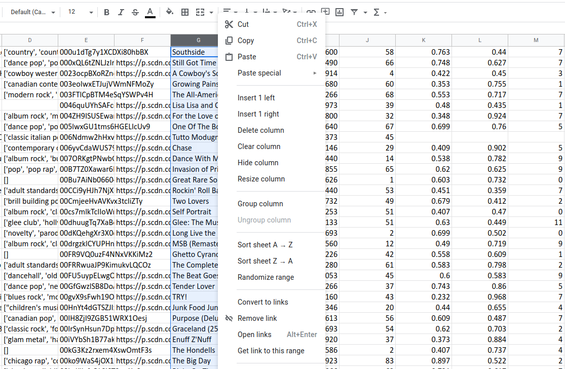 Часть меню заголовка столбца с опциями