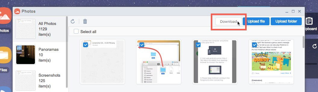 Скачивание нескольких фото с iPhone через AirDroid — чекбоксы и кнопка «Скачать»