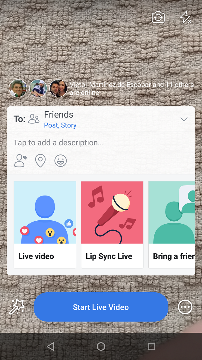 Скриншот: настройки Facebook Live на Android с выбором аудитории и разрешений