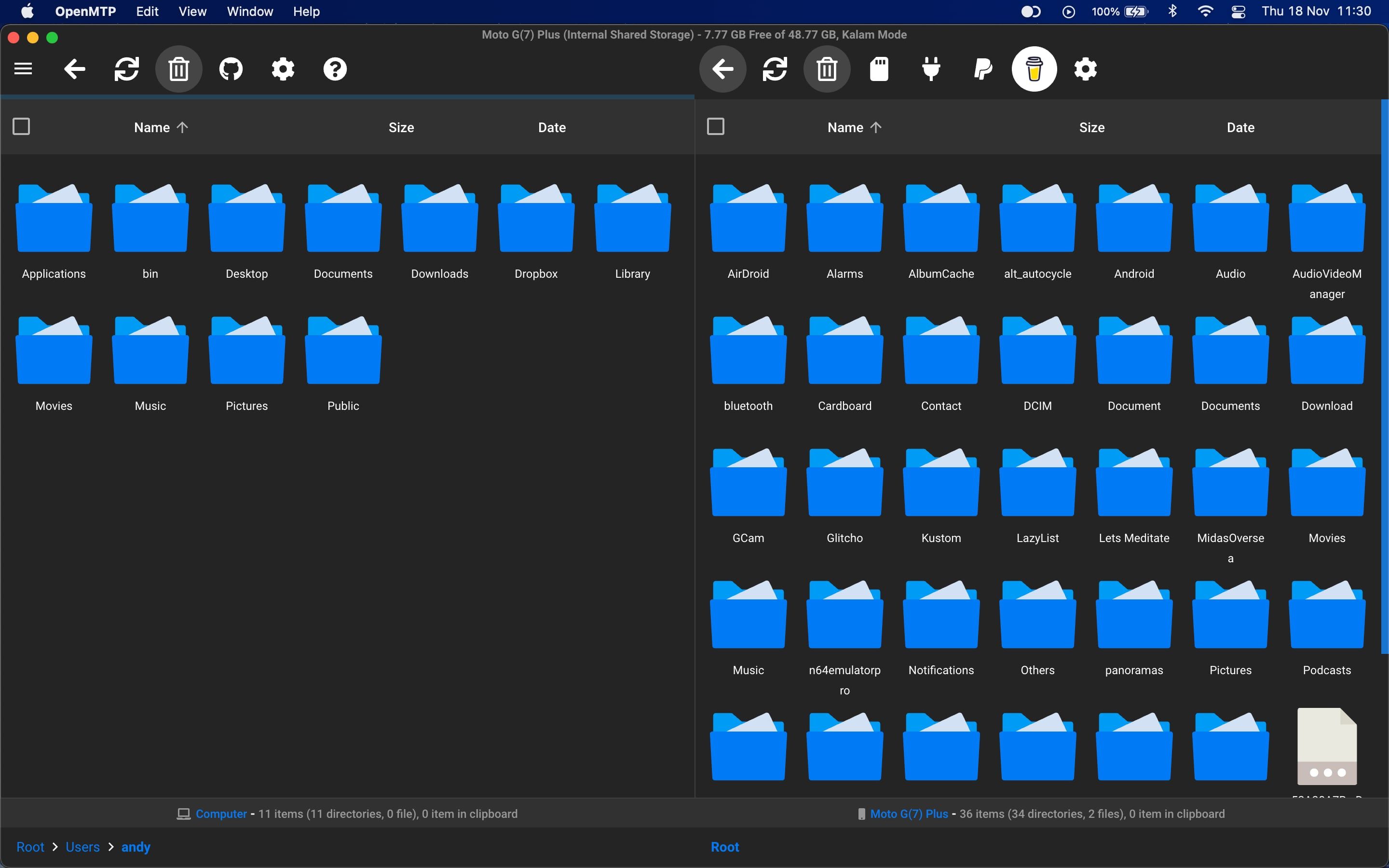 Интерфейс OpenMTP с разделённым окном для Mac и Android
