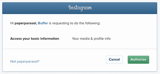 Запрос разрешения Buffer на доступ к аккаунту Instagram