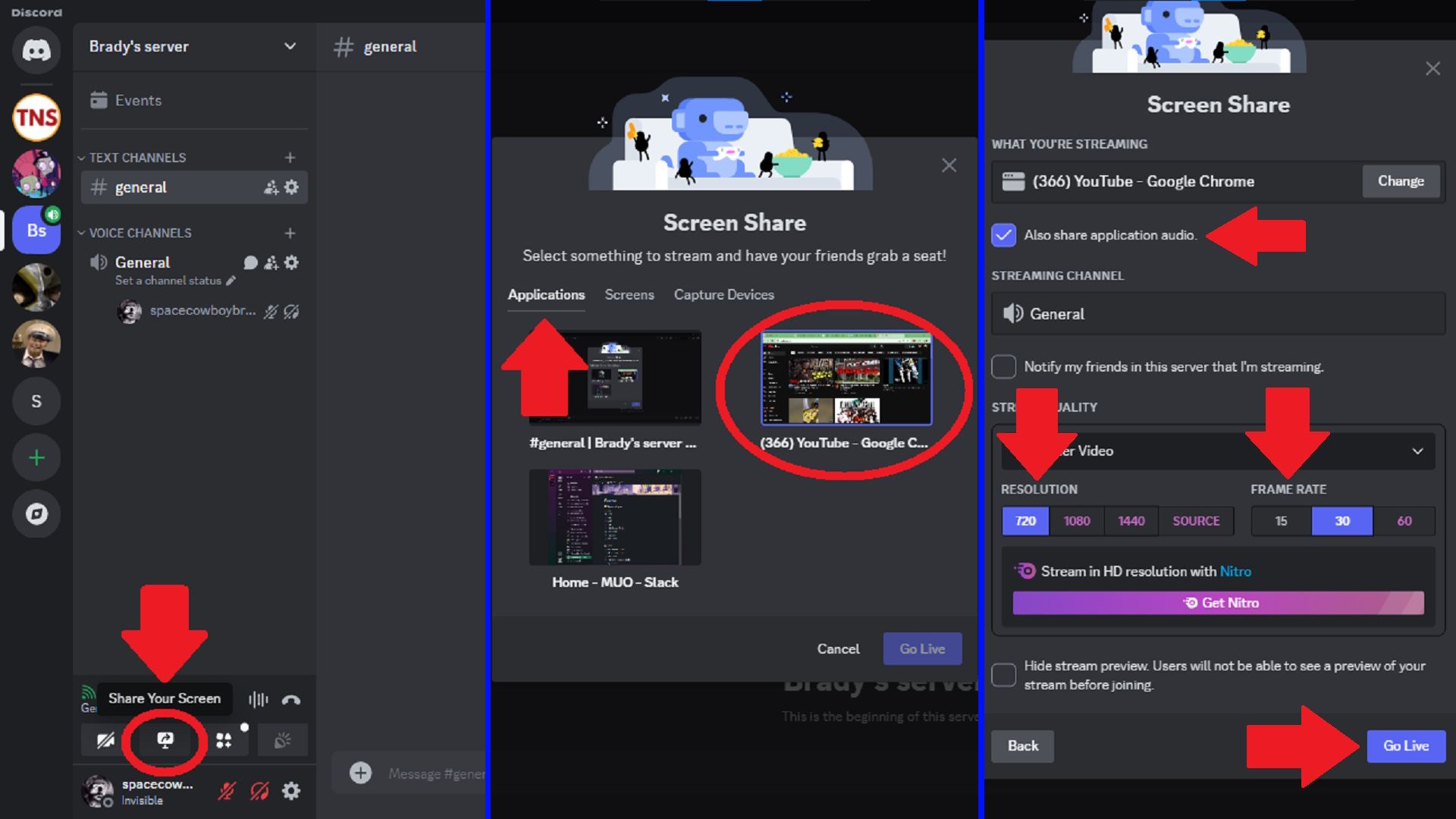 Стриминг YouTube и YouTube TV с помощью функции «Поделиться экраном» в Discord.
