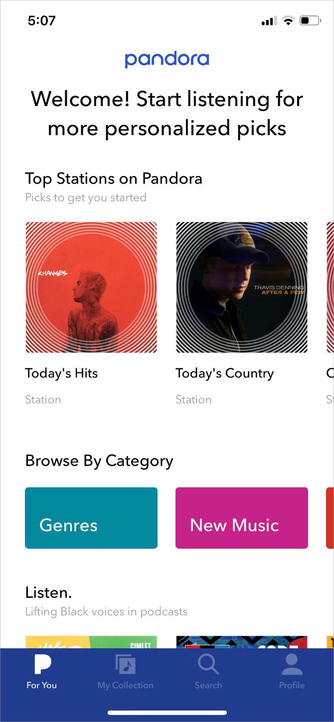 Главный экран Pandora