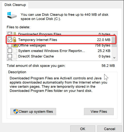 Выбор опции Временные интернет файлы в Очистке диска