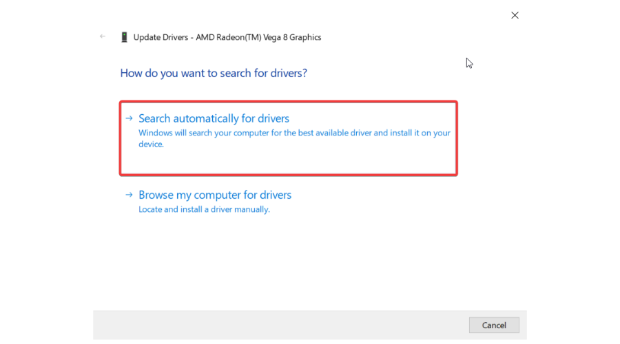 Окно выбора автоматического поиска драйверов
