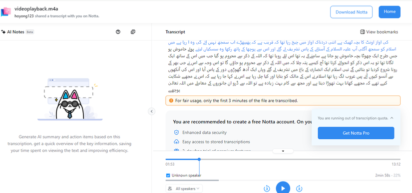 скриншот транскрипции в Notta