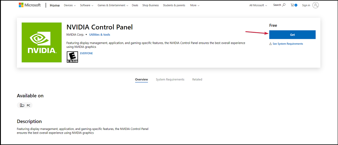 Страница NVIDIA Control Panel в Microsoft Store