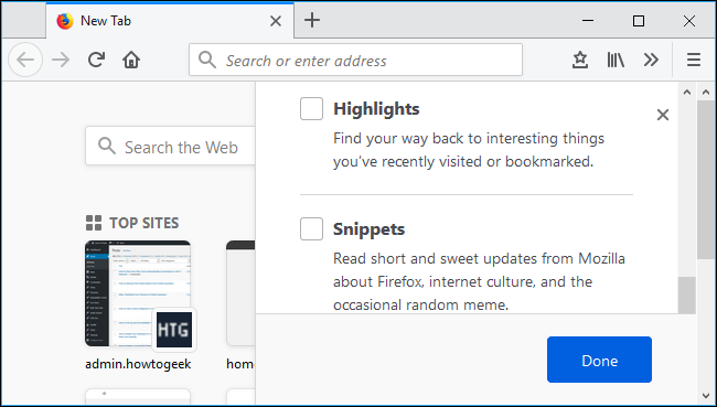 Список элементов новой вкладки: строка поиска, Top Sites, Pocket, Highlights, Snippets