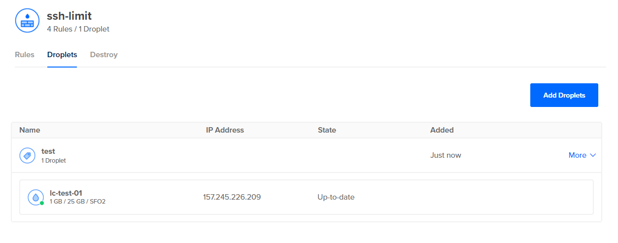 Статус: firewall применён и блокирует неподходящий трафик до Droplet
