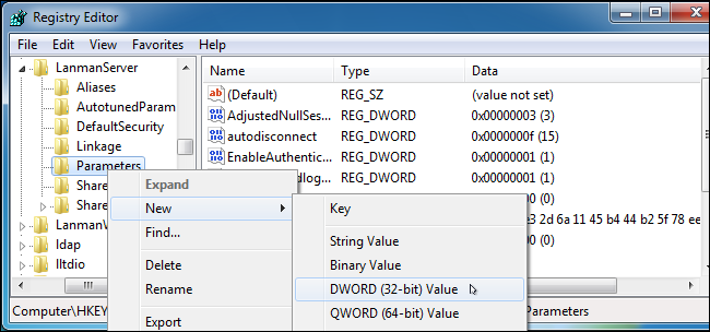 Скриншот: создание DWORD-параметра в реестре для отключения SMB1