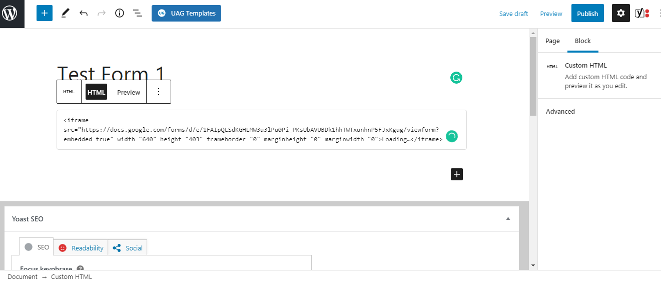 Вставка HTML-кода iframe в блок Custom HTML
