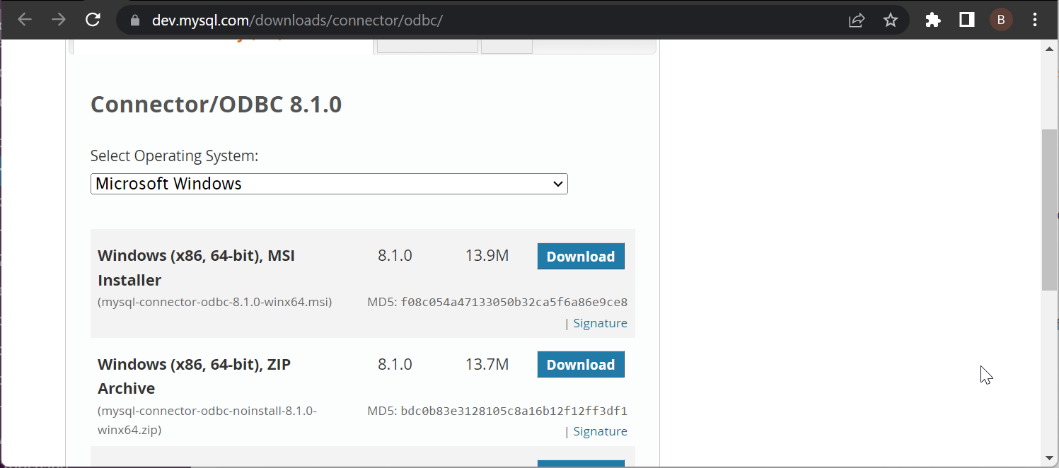 Страница загрузки драйвера MySQL для Windows 10