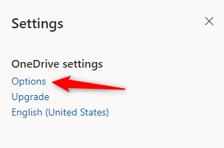 Пункт Options в настройках OneDrive