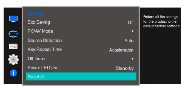 Сброс настроек монитора/телевизора — меню сброса