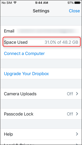 Информация о использованном месте в приложении Dropbox на iOS