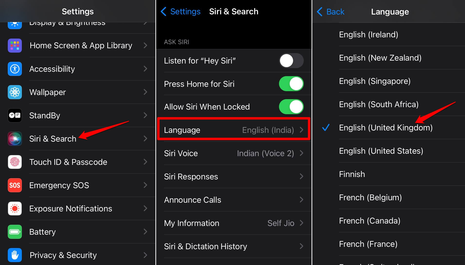 Выбор языка Siri в настройках iPhone