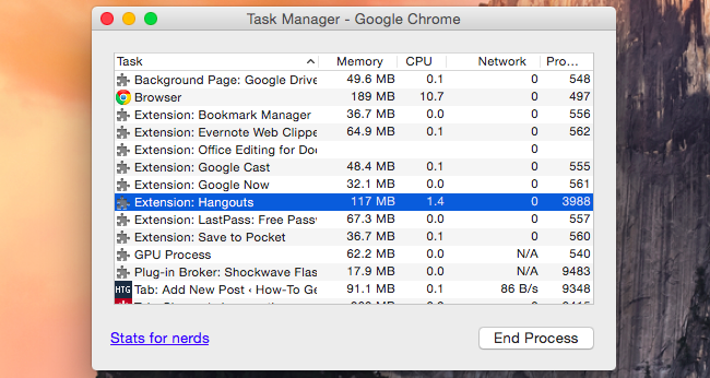 Диспетчер задач Chrome с выделением расширения, потребляющего память