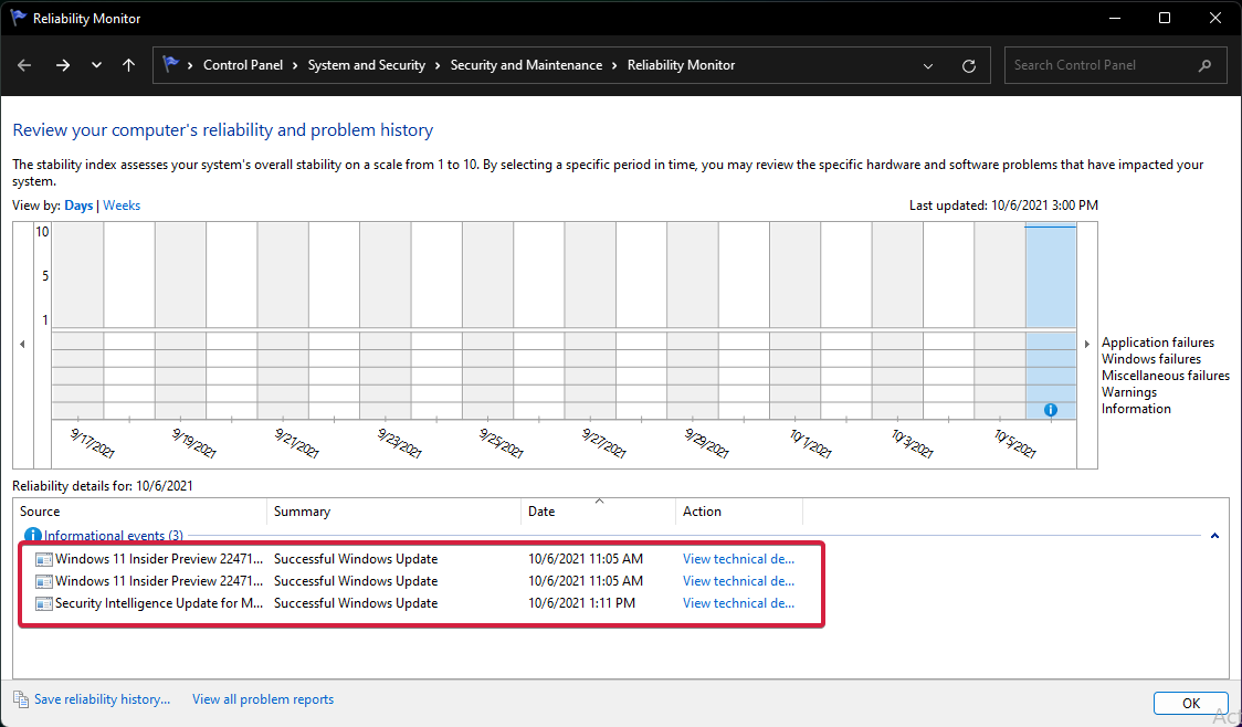 Пример событий в журнале надежности Windows