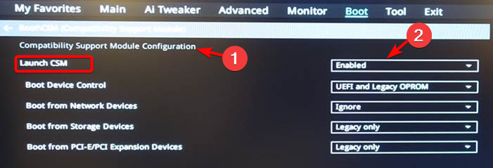 Включение CSM