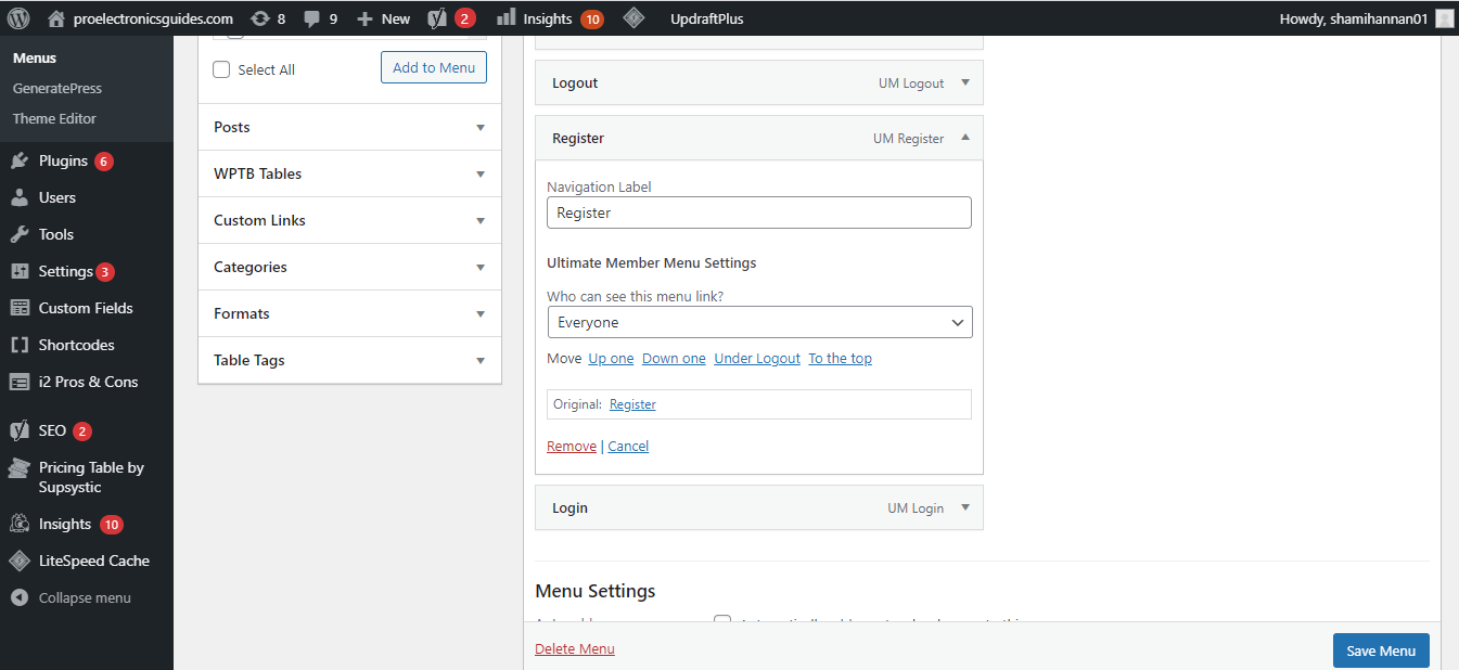 Настройки видимости пункта меню — показать ссылку только незалогиненным