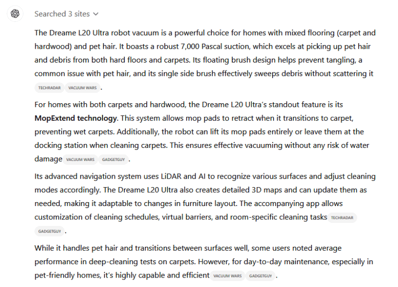 ChatGPT: оценка возможностей робота-пылесоса Dreame L20 Ultra