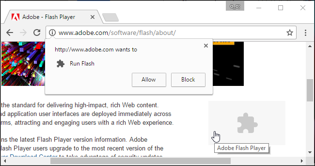Затемнённый значок плагина на странице с Flash-контентом
