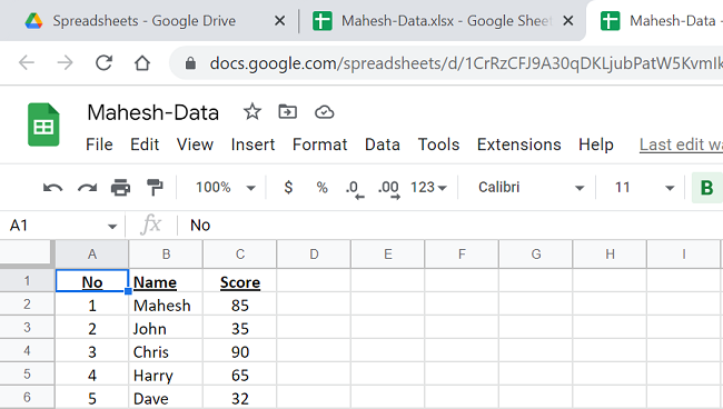 Созданная версия файла Excel в формате Google Sheets