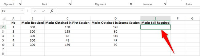Click the E2 cell in Excel.