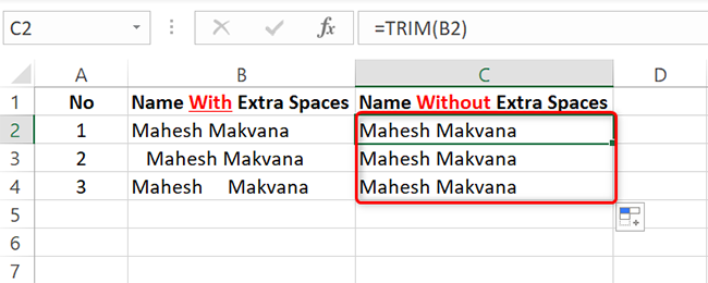 Результат: лишние пробелы удалены из ячеек