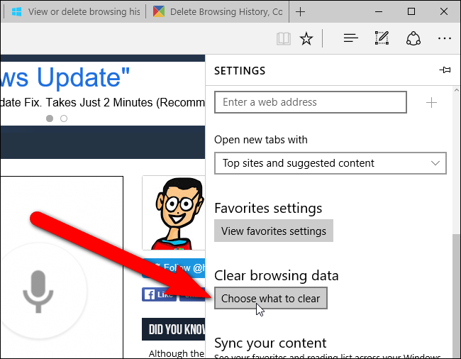 Пункт «Выбрать, что удалить» в Edge